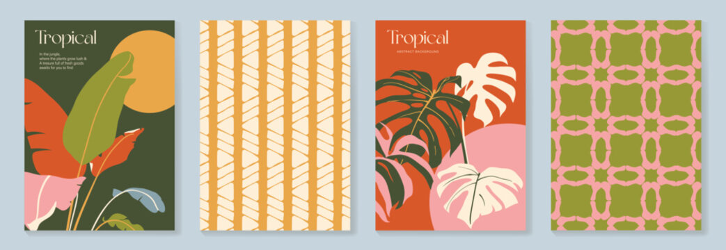 Summer tropical poster set vector. Retro botanical monstera and palm leaf wall art with abstract fan pattern and geometric checker background in coral, pink, green, cream and mustard for home decor.