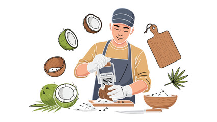 Coconut Artisan: An artisan meticulously prepares fresh coconut in a vibrant scene, skillfully grating the fruit and arranging its parts for culinary use.