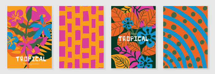 Naklejka premium Tropical paradise summer poster set vector. Retro botanical leaf wall art collection with geometric patterns in peach pink orange and green. Decorative background design for home decor posters.