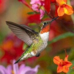 Fototapeta premium A hummingbird hovers near vibrant flowers