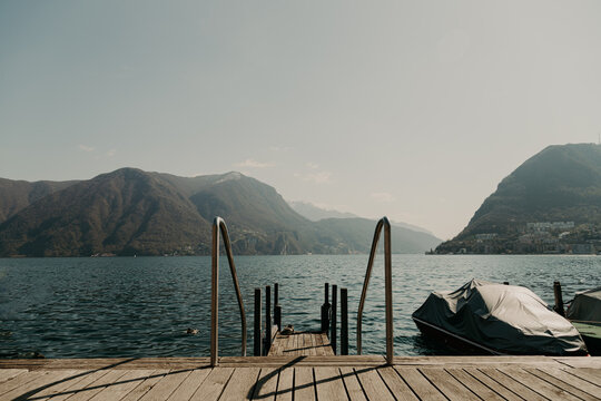 Landscape of Lake Lugano on a sunny spring day from Paradiso municipality of Lugano, canton of Ticino, Switzerland
