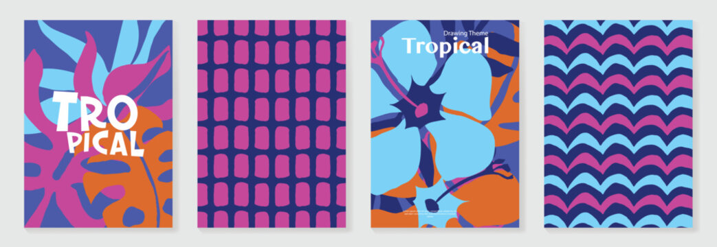 Summer tropical poster set vector. Midcentury modern botanical leaf wall art with abstract block pattern and retro wave geometric background in blue, navy, pink and orange for home decor prints.