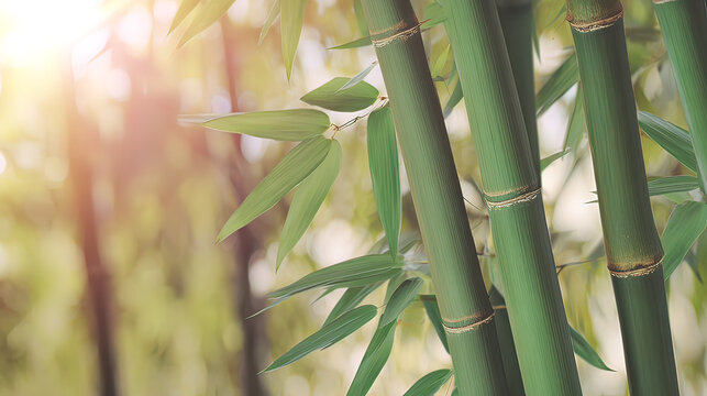 clacking. Bamboo stalks swaying and clacking in forest breeze with filtered daylight and motion blur. gardening catalogs, home-decor guides, designed for home decor and floral branding.
