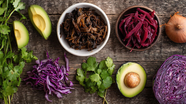 carnitas. Overhead view of Mexican taco ingredients arranged beautifully on a rustic surface. menu design, packaging mockups, designed for food delivery and cloud-kitchen brand materials.
