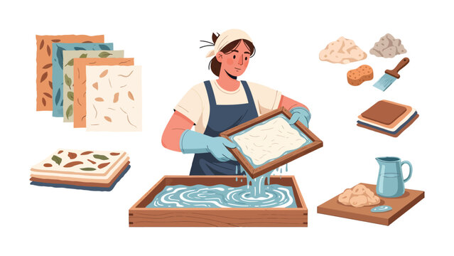 Crafting with Passion: An artisan meticulously creates handmade paper in a workshop setting, showcasing the artistry of traditional papermaking and the beauty of handcrafted goods.