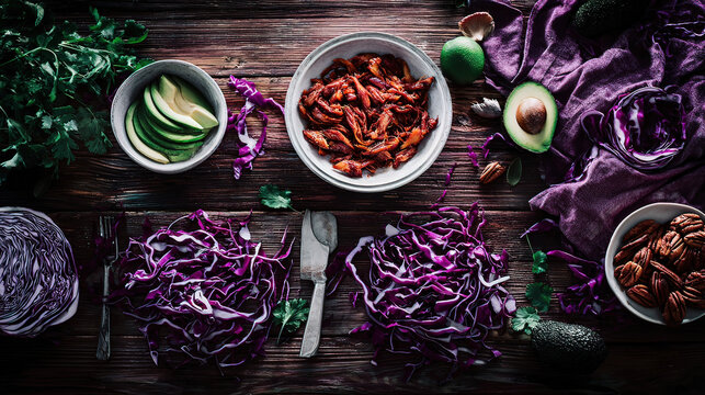 carnitas. Overhead view of Mexican taco ingredients arranged beautifully on a rustic surface. menu design, packaging mockups, designed for food delivery and cloud-kitchen brand materials.
