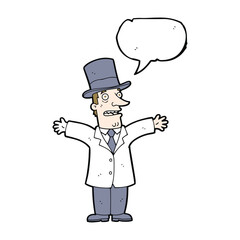 Fototapeta premium A cartoon drawing of a man in a top hat with a speech bubble above his head