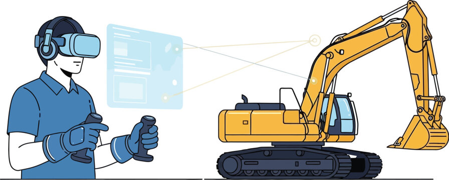 man wearing VR headset controls excavator with controllers