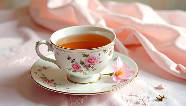 A delicate teacup with floral patterns on a matching saucer