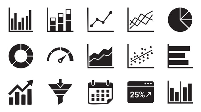 A collection of crisp black and white vector graphic icons representing various statistical charts reports financial progress indicators and data visualization tools
