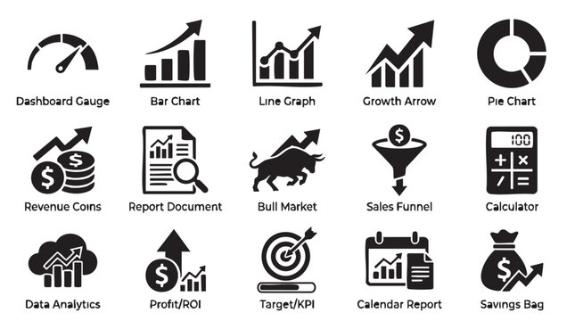 Collection of essential business finance and analytical icons featuring growth charts bull market data funnel and various performance indicators