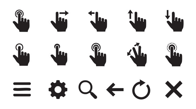 A comprehensive black vector graphic illustration set displaying essential touch screen gestures and universal user interface navigation icons for mobile applications