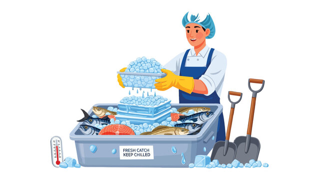 Preserving the Catch: A diligent worker in the fish processing industry carefully adds ice to fresh seafood, ensuring optimal preservation and freshness, highlighting the care and expertise required.