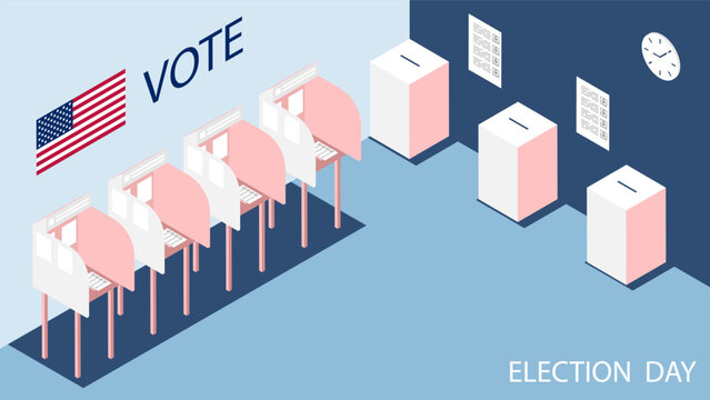 Isometric interior of a polling station with booths and ballot boxes. Cartoon 3D vector on blue background