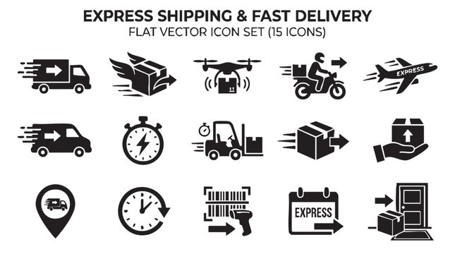 Collection of fifteen essential black flat vector icons representing various fast shipping logistics transportation modes and delivery service concepts clearly designed for modern applications.