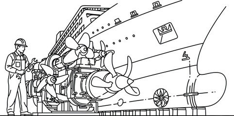 Fototapeta premium Worker repairing ship engine propeller with wrench on dock