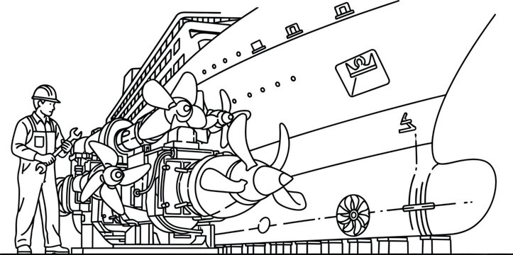 Worker repairing ship engine propeller with wrench on dock