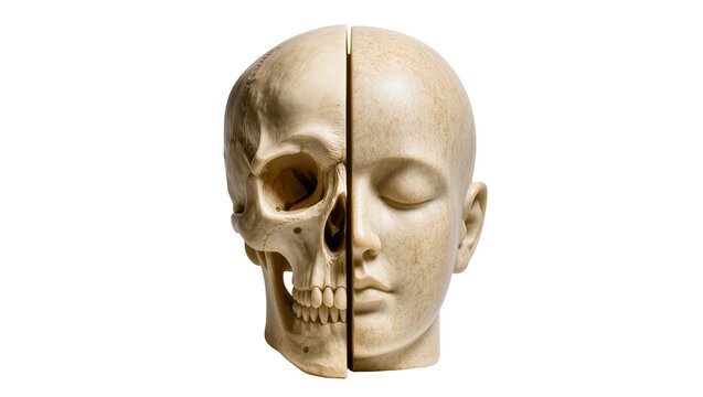 Split human skull model showcasing both the bony structure and smooth facial features, isolated on transparent background for medical diagrams