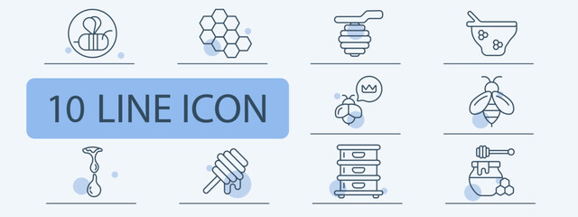 Apiary beekeeping set icon. Bee comb hive dipper honey jar insect crown nectar dripping storage production natural farming. © Anastasia