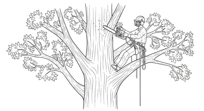Arborist cutting tree branch with chainsaw