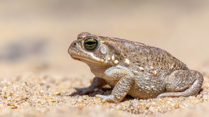 Obraz premium herpetology. Macro view of a Sonoran Desert Toad resting on sandy terrain in natural sunlight. wildlife magazines, conservation campaigns, designed for wildlife conservation campaigns. 