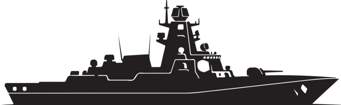 Military warship, naval vessel, black silhouette, vector illustration, modern destroyer