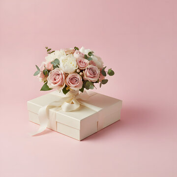 Gift box with flowers on pastel background, Mother&rsquo;s Day concept