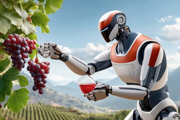 Obraz premium Robotic arm presents a wine glass amid grapes in a bright blue sky vineyard scene
