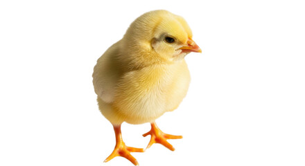 Fototapeta premium A small yellow chick standing on transparent background looking to the right with fluffy feathers and orange beak and feet