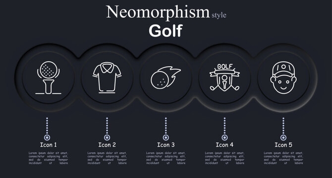 Golf set icon. Neomorphic dark interface circles with line symbols of golf ball tee, sport polo shirt, flying golf ball trail, golf club emblem badge, golfer face cap