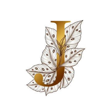 Golden initial J with decorative feathers