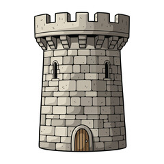 A cartoon illustration of a stone castle tower, featuring a wooden door and two arched windows © pixel