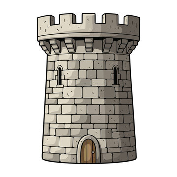 A cartoon illustration of a stone castle tower, featuring a wooden door and two arched windows