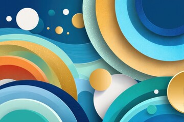 Fototapeta premium Abstract blue waves and colorful circles create a vibrant, dynamic background for digital design projects.