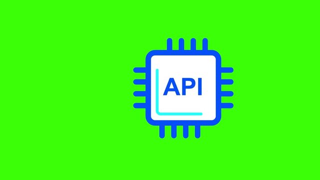 Animated api icons on green background tech concept with blue and white microchip symbols