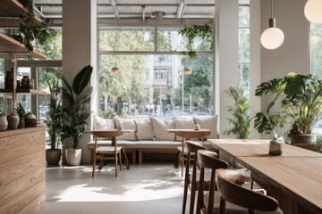 Fototapeta premium Shop Coffee Cozy Modern Cafe Interior with Lush Greenery and Natural Light