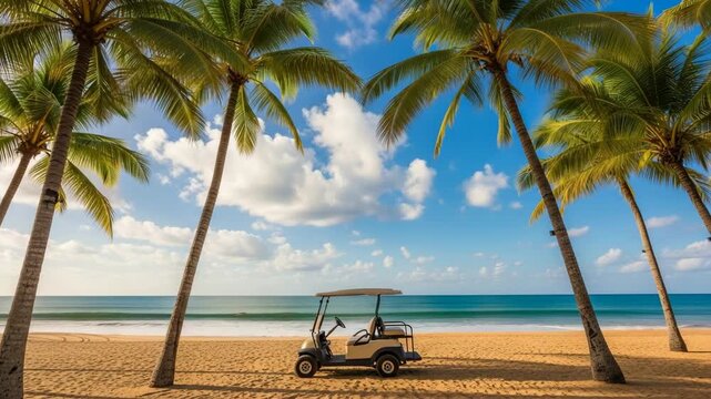 Electric golf cart buggy on a sandy tropical beach with palm trees and a clear turquoise ocean view