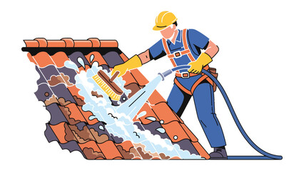 Roof Restoration: A skilled professional meticulously cleans and restores a tiled roof using high-pressure water, showcasing expertise and care in this important maintenance task. © AJM