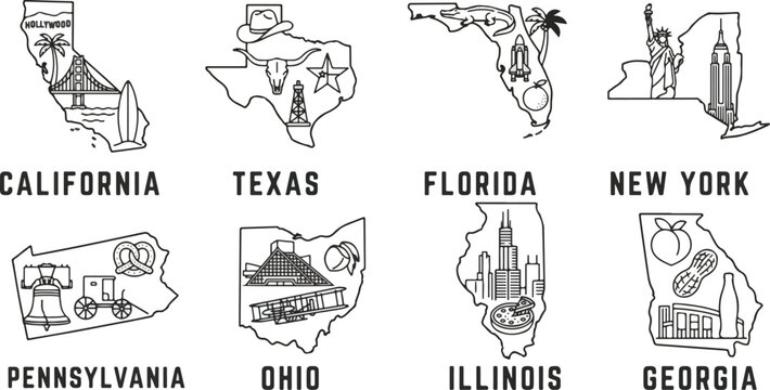US State Maps & Icons Concept, Hand Drawn Vector Set of US State Maps with Iconic Landmarks and Symbols for Travel Concept