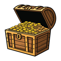 A wooden treasure chest, slightly open, revealing a bounty of golden coins overflowing from within © pixel