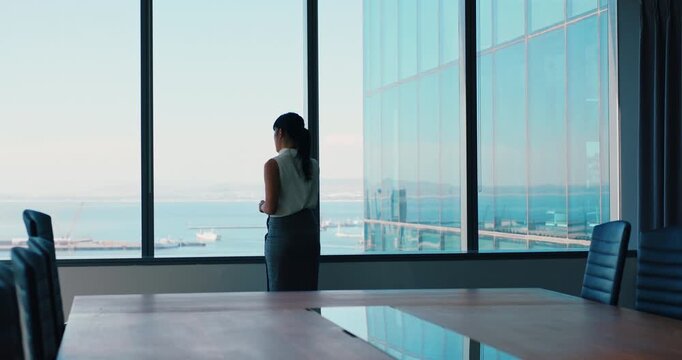 Woman, phone call and insight in boardroom by window, space and review proposal at real estate company. Person, smartphone and realtor with chat, advice or listen for feedback at property agency