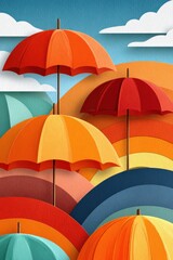 Obraz premium Colorful paper-style umbrellas stacked in a vibrant abstract scene with bright skies and shapes