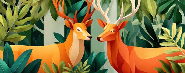 Fototapeta premium Two orange paper-art deer in a lush forest scene with tall green leaves