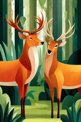Fototapeta premium Two graceful deer stand in a lush forest, illustrated in vibrant geometric art style