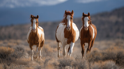 Obraz premium Wild mustang bachelor band running free across sagebrush steppe in protected wilderness area under expansive western sky, ideal for public lands conservation imagery, and modern preservation theme c