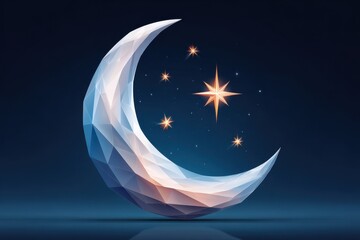 Fototapeta premium Geometric crescent moon with glowing stars in a serene night sky illustration