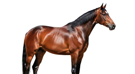 Fototapeta premium A shiny brown horse with a black mane and tail standing isolated on transparent background