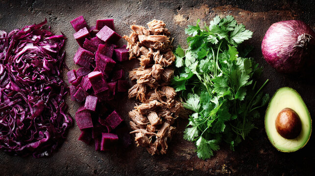 carnitas. Overhead view of Mexican taco ingredients arranged beautifully on a rustic surface. menu design, packaging mockups, designed for food delivery and cloud-kitchen brand materials.
