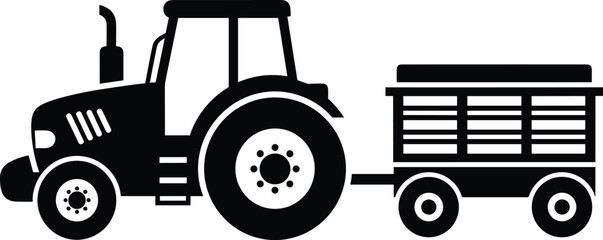 Tractor pulling trailer, farming machinery icon, agricultural vehicle silhouette, rural transport symbol, cargo hauling design, farm equipment © Nurjahan