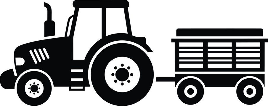 Tractor pulling trailer, farming machinery icon, agricultural vehicle silhouette, rural transport symbol, cargo hauling design, farm equipment